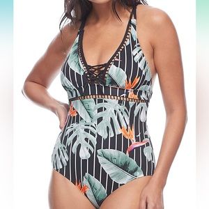 Skye Tokelau Green & Black Tropical Palm Floral Print Jane One Piece Swimwear